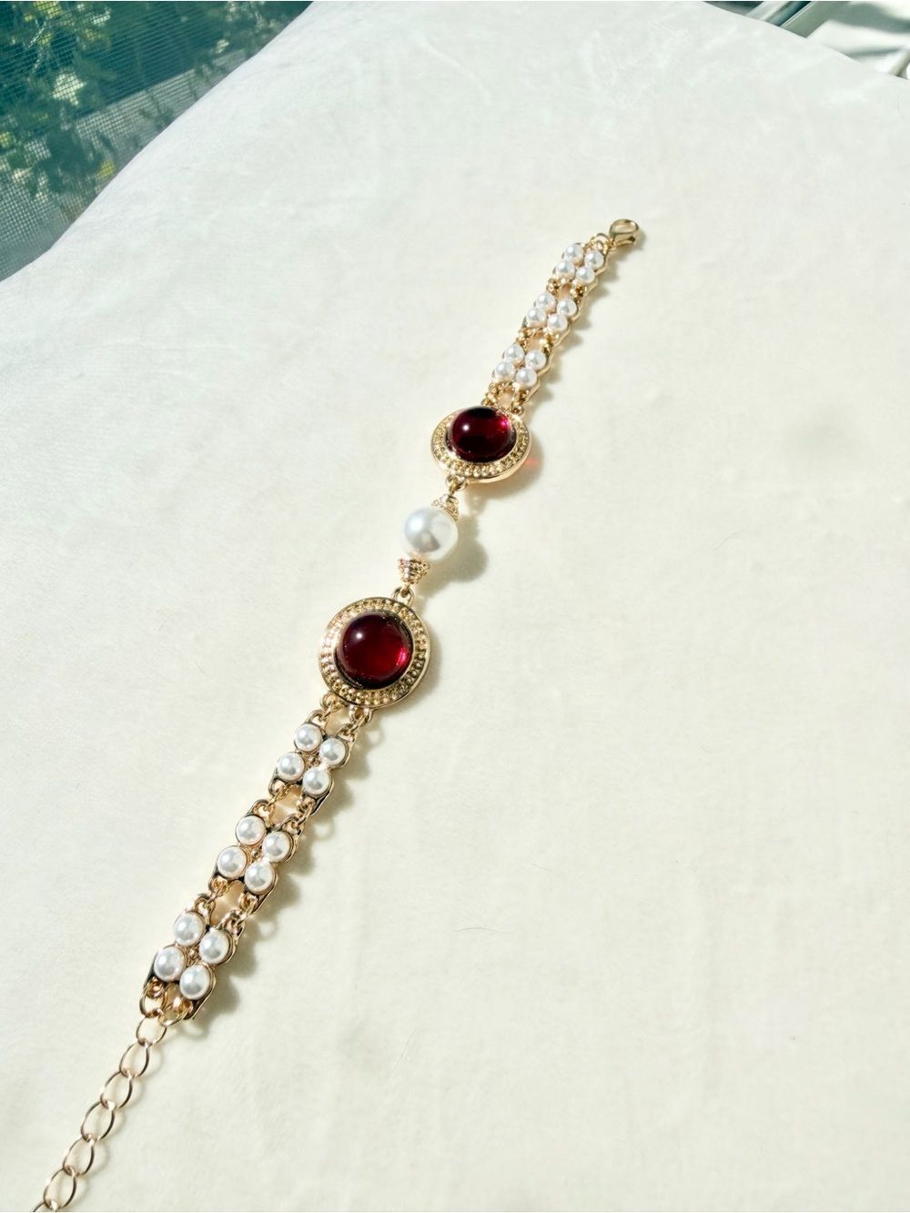 Ruby Red Faux Pearl Regal Statement Bracelet Gold Tone